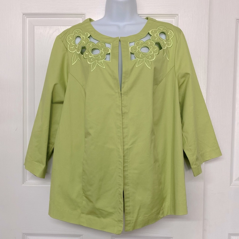 Bob Mackie Wearable Art Bright Green Swing Coat Jacket Cut Out Flowers Sz 1X